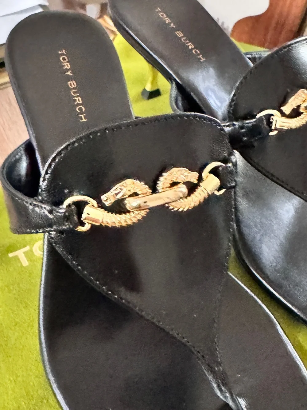 Tory Burch Black Leather Thong Mules with Gold Chain Accent